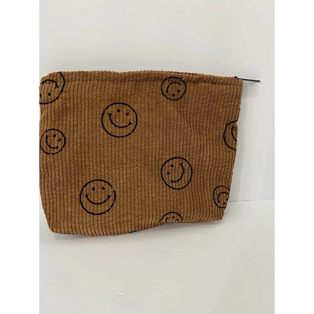 Sozakka Brown Corduroy Smiley Face Makeup Bag Cosmetic Pouch - A193